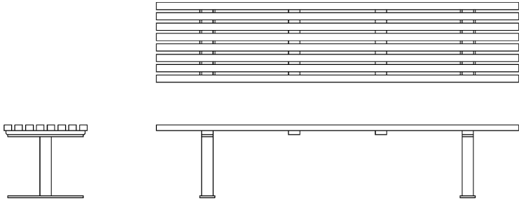 Open end benches with narrow slats for seating surface.